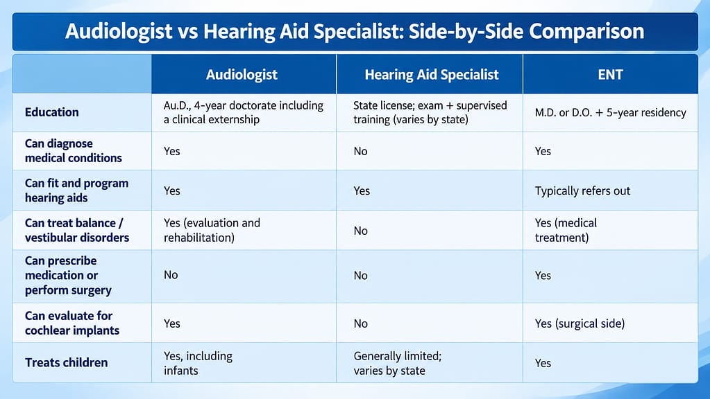 Comparison table of audiologist, hearing aid specialist and ENT training and services