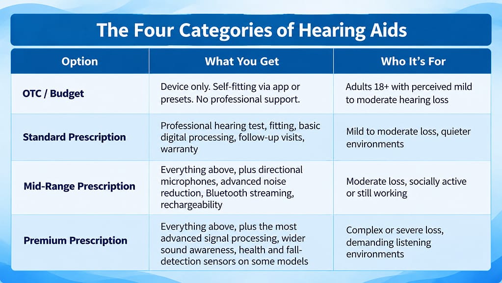 Table comparing OTC, standard, mid-range and premium prescription hearing aids