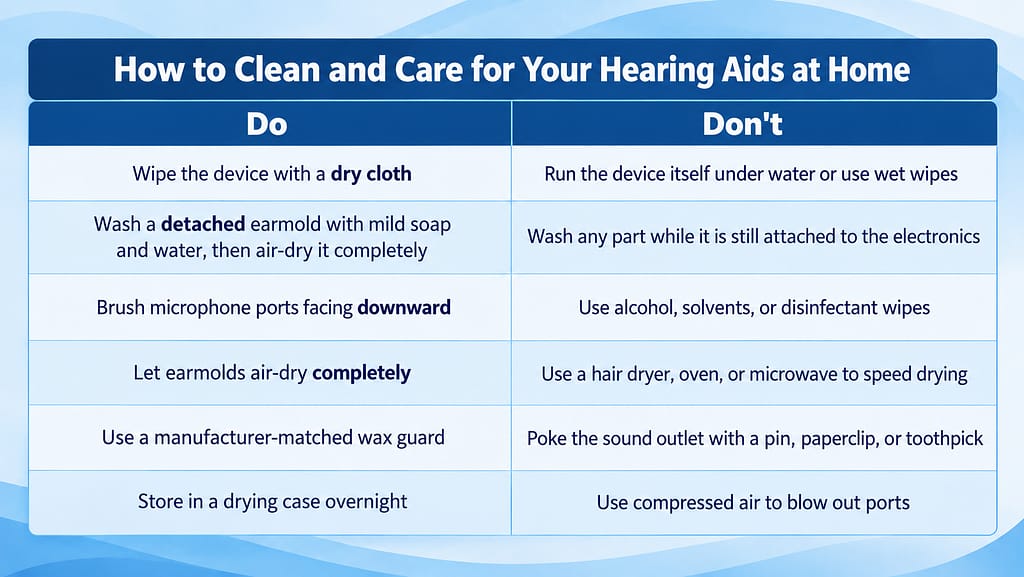 Do and don’t chart for cleaning and caring for hearing aids at home