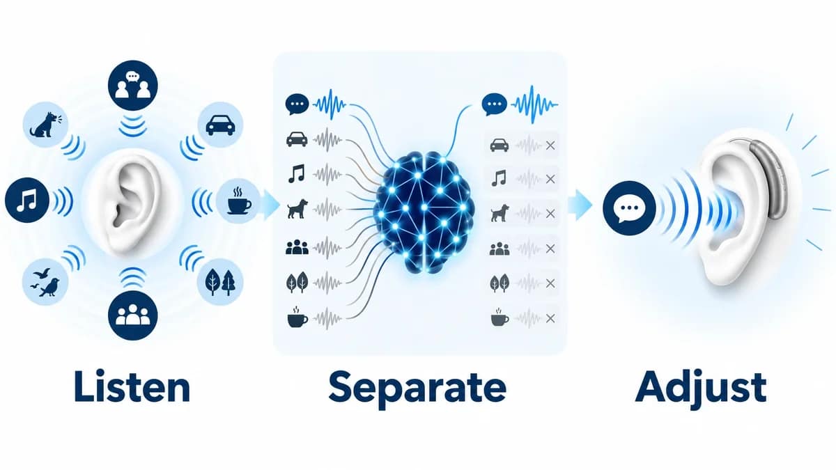 how ai hearing aids work diagram Diagram showing how an AI hearing aid's deep neural network separates speech from background noise