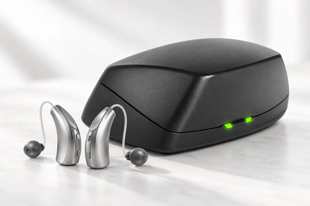 starkey omega ai hearing aid and charger Starkey Omega AI rechargeable hearing aid and charging case