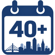 Calendar icon showing 40+ years in Tulsa